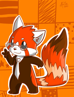 accessory ambiguous_gender anthro black_eyes chibi eyewear featureless_crotch gesture glasses hand_gesture mostly_nude necktie outline paws pupils rectangular_glasses semi-anthro smile solo standing tail v_sign wearing_glasses white_necktie white_outline white_pupils yassui ailurid mammal red_panda 2011 cel_shading digital_drawing_(artwork) digital_media_(artwork) full-length_portrait orange_theme portrait shaded