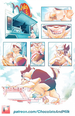 anthro anthro_on_anthro anthro_penetrated anthro_penetrating anthro_penetrating_anthro apron balls big_balls blue_apron blue_clothing bottomwear bottomwear_down burger clothed clothing duo food from_behind_position fur genitals male male/male male_anthro male_human male_penetrated male_penetrating male_penetrating_male mid_transformation open_mouth orange_body orange_fur outside overweight overweight_anthro overweight_male pants pants_down partially_clothed pattern_clothing pattern_topwear penetration red_clothing red_topwear sex side_view size_difference species_transformation striped_clothing striped_topwear stripes tail text tongue tongue_out topwear transformation chocolateandmilk canid canine human mammal comic hi_res url