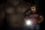 anthro barazoku big_pecs brown_body brown_fur chest_scar clothed clothing dark faceless_character faceless_male flashlight fur huge_pecs larger_male looming_over male musclegut muscular muscular_anthro muscular_male nipples pecs red_eyes scar shoulder_grab size_difference smaller_male solo topless wide_eyed huzzhuz arches_(game) echo_(series) echo_project brian_dubois devon_ortega bear mammal 2023 hi_res