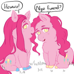 baby_talk blue_hooves blush dialogue duo eyebrows eyelashes female female_feral feral fur grass hair hooves long_hair looking_at_viewer open_mouth open_smile pink_body pink_eyelashes pink_fur pink_hair plant sitting smile text yellow_eyes yellow_hooves yellowcottoncandy030 fluffy_pony friendship_is_magic hasbro my_little_pony pinkie_pie_(mlp) fluffy_pony_(species) mammal 1:1 2025 digital_media_(artwork) english_text hi_res partially_colored