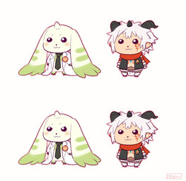 anthro blush chibi clothing coat duo fur hair horn lab_coat long_ears male scarf topwear white_body white_fur white_hair moch_ka_game bandai_namco digimon digimon_story:_time_stranger aegiomon digimon_(species) humanoid terriermon terriermon_assistant