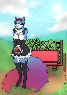 anthro black_nose clothing collar eyebrows female food fruit fur hair melon multicolored_body multicolored_fur plant solo watermelon gormi110 gormi_(gormi110) arctic_fox canid canine fox mammal true_fox absurd_res hi_res