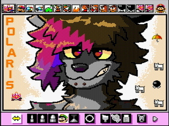 anthro grin grinning_at_viewer hair male piercing simple_background smile smiling_at_viewer solo tan_background text yellow_sclera rodricoro mario_bros mario_paint nintendo bob-omb canid canine canis domestic_dog mammal bust_portrait digital_media_(artwork) dithering mario_paint_(artwork) portrait
