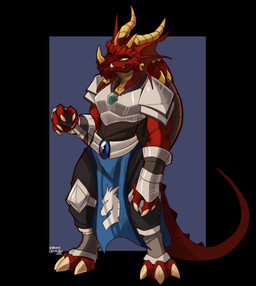 anthro armor belt black_border blue_background border bottomwear breastplate claws clothing ear_frill ear_piercing frill_(anatomy) frill_piercing furgonomic_piercing furgonomics holding_melee_weapon holding_object holding_sword holding_weapon horn jewelry looking_forward male melee_weapon necklace pants piercing poleyn red_body red_scales scales shield shirt simple_background solo spaulder standing sword tail tail_ridge topwear vambrace weapon yellow_eyes conditional_dnp ebonychimera dungeons_and_dragons hasbro mythology wizards_of_the_coast kainan_(ebonychimera) dragon dragonborn_(dnd) mythological_creature mythological_scalie scalie 2022 dated digital_media_(artwork) hi_res signature