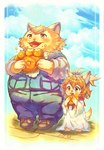 anthro blonde_hair blush bread clothing dress duo eating female food hair male overalls overweight paw_bread yellow_eyes young young_anthro 8080liuil3 cyberconnect2 fuga:_melodies_of_steel little_tail_bronx boron_brioche mei_marzipan canid canine caninu canis domestic_cat domestic_dog felid feline felineko felis mammal hi_res