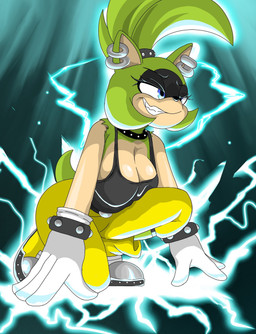 anthro belt big_breasts black_clothing black_topwear blue_eyes bottomwear bracelet breast_squish breasts cleavage clothed clothing collar ear_piercing electricity electricity_manipulation elemental_manipulation female footwear gloves green_hair hair handwear jewelry pants piercing ponytail pose shoes smile solo squish studded_bracelet studded_collar studded_hair_tie studded_jewelry studs tail topwear white_clothing white_gloves white_handwear yellow_bottomwear yellow_clothing yellow_pants zebra10045 idw_publishing sega sonic_the_hedgehog_(comics) sonic_the_hedgehog_(idw) sonic_the_hedgehog_(series) surge_the_tenrec afrosoricid mammal tenrec hi_res