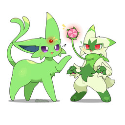 ambiguous_gender anthro biped blush duo feral fur green_body green_fur pawpads purple_body purple_fur quadruped red_eyes simple_background white_background white_eyes tontaro nintendo pokemon eeveelution espeon felid floragato generation_2_pokemon generation_9_pokemon mammal pokemon_(species) shiny_pokemon 1:1 2d_animation animated animated_gif short_playtime