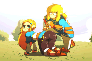 all_fours biped blonde_hair blush butt butt_slap clothed clothing duo female fully_clothed gesture hair hand_gesture humanoid_on_humanoid humanoid_pointy_ears kneeling long_hair looking_back male male/female not_furry pointy_ears slap spanking thumbs_up diives breath_of_the_wild nintendo the_legend_of_zelda link princess_zelda humanoid hylian mammal 2017 2d_animation 3:2 animated animated_gif frame_by_frame short_playtime