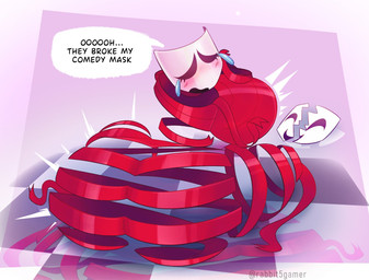 big_breasts big_butt bodily_fluids breasts broken_mask butt female mask red_body sad solo tears text rabbit5gamer glitch_productions the_amazing_digital_circus gangle_(tadc) animate_inanimate english_text hi_res