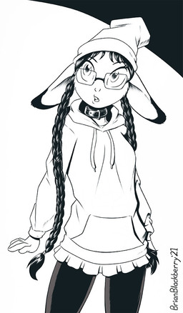 anthro beanie braided_hair braided_pigtails clothing collar eyewear female glasses hair hat headgear headwear hoodie ink leggings legwear long_hair long_pigtails looking_up pigtails pose solo topwear brian_mcpherson blueberry_(brian_mcpherson) cottontail_rabbit hare hybrid lagomorph leporid mammal rabbit 2021 black_and_white monochrome