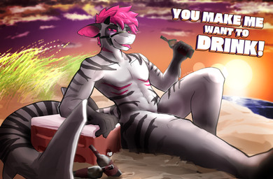 abs alcohol anthro beach bedroom_eyes beverage blush clothing cooler drinking drunk empty_bottle exhibitionism grass hair harness harness_only horn lens_flare looking_at_viewer male mastectomy_scar muscular muscular_male narrowed_eyes nude nude_beach outside pink_hair pink_sclera plant postcard public scar seductive sitting solo stripes substance_intoxication sunset swimwear text tongue tongue_out aka_meyneth aquatic fish requiem_shark shark tiger_shark absurd_res hi_res trans_(lore) trans_man_(lore)