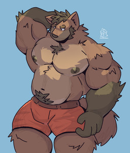 anthro areola barazoku biped blue_background bottomwear brown_body brown_fur clothed clothing fingers front_view fur hand_behind_head humanoid_hands logo looking_aside looking_down male musclegut muscular muscular_anthro muscular_arms muscular_legs muscular_male nipples orange_bottomwear orange_clothing orange_shorts pecs pubes shorts simple_background solo standing tail text topless topless_anthro topless_male phantasmbark canid canine mammal 2025 artist_logo artist_name colored guide_lines hi_res portrait shaded three-quarter_portrait