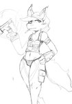 antennae_(anatomy) anthro armband cigarette clothed clothing cyberpunk femboy fingerless_gloves gloves gun handwear headgear looking_at_viewer male pantsless ranged_weapon solo straps tail topwear underwear vest weapon wide_hips neko3240 apollo_caelum alien absurd_res hi_res monochrome sketch