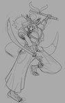 anthro asian_clothing big_breasts breasts clenched_teeth clothing east_asian_clothing fangs female hair japanese_clothing katana looking_at_viewer melee_weapon solo swinging_weapon sword teeth tied_hair weapon zac_impact tamamo_the_terrible canid canine fox mammal monochrome sketch