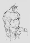 anthro balls beak biceps big_muscles big_pecs big_penis bodily_fluids bottomwear clothing erection facial_hair genital_fluids genitals hairy humanoid_genitalia humanoid_penis male mature_anthro mature_male muscular muscular_anthro muscular_male nipples pants pecs penis precum pubes sideburns solo standing undressing vein falcon_mccooper european_mythology greek_mythology mythology falcon_mccooper_(character) avian hippogriff mythological_avian mythological_creature hi_res monochrome sketch