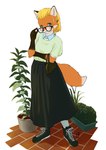 anthro black_bottomwear black_clothing black_nose black_skirt blonde_hair blouse blue_eyes bottomwear brickwork clothing eyewear female flowerpot fur glasses green_clothing green_topwear hair handbag kemono long_skirt looking_at_viewer looking_over_glasses orange_body orange_fur plant skirt solo standing tan_body tan_fur topwear yanamosuda canid canine fox mammal 2024