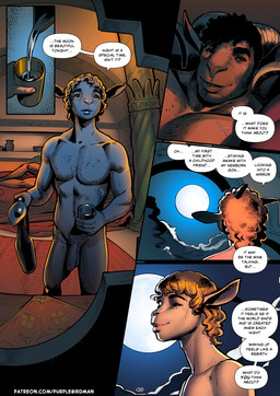 5_fingers anthro balls bed black_hair blonde_hair brown_body chest_scar curly_hair detailed_background dialogue duo facial_scar fingers foreskin furniture genitals hair light looking_out_window looking_up lying lying_on_bed male moon moonlight nude nude_anthro nude_male on_bed pale_body penis pouring_water pubes scar sheep_horns slim slim_anthro slim_male smile speech_bubble standing text toned_male toned_muscles purplebirdman roshim_(purplebirdman) bovid caprine mammal sheep 2023 better_version_at_paywall colored comic detailed digital_drawing_(artwork) digital_media_(artwork) english_text multiple_scenes shaded url