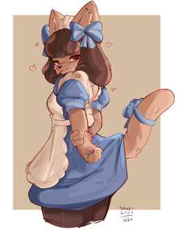 anthro black_nose blue_clothing blue_dress clothed clothed_anthro clothed_female clothing dress female fully_clothed fully_clothed_anthro fully_clothed_female heart_symbol looking_at_viewer simple_background solo tail tan_background conditional_dnp tohupo canid canine mammal 2025 digital_drawing_(artwork) digital_media_(artwork) hi_res