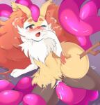 2018 anthro blush bodily_fluids braixen canid canine cum digital_media_(artwork) drooling female fluffbug fluffy fur generation_6_pokemon genital_fluids genitals hair hi_res long_hair mammal midriff navel nintendo open_mouth pink_tentacles pokemon pokemon_(species) pussy red_hair saliva sex solo tentacles thick_thighs white_body white_fur yellow_body yellow_fur