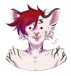 anthro blep blowing_raspberries cheek_tuft dot_eyes facial_markings facial_tuft fur grey_body grey_fur grey_stripes hair head_markings making_faces male markings owo pbbt pbbth pfft pink_inner_ear pink_nose red_hair solo striped_body striped_fur stripes tongue tongue_out tuft white_body white_fur axiomx finnian_ennis felid mammal pantherine tiger bust_portrait hi_res portrait