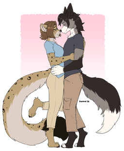 4_toes 5_fingers anthro anthro_on_anthro barefoot biped bottomwear breasts butt claws closed_smile clothed clothed_anthro clothed_female clothed_male clothing countershade_face countershade_fur countershade_neck countershading dipstick_tail duo eyebrows eyes_closed eyewear feet female female_anthro fingers fully_clothed fully_clothed_anthro fully_clothed_female fully_clothed_male fur glasses gloves_(marking) hair hand_on_another's_hip hand_on_hip hug hugging_another humanoid_hands inner_ear_fluff interspecies long_tail male male/female male_anthro markings mouth_closed multicolored_body multicolored_fur nose_to_nose on_one_leg pants romantic romantic_couple shirt short_hair side_view simple_background smile spots spotted_body spotted_fur spotted_markings spotted_tail standing t-shirt tail tail_markings text toe_claws toeless_(marking) toes topwear tuft wearing_glasses whiskers foxovh canid canine felid mammal pantherine snow_leopard 2025 artist_name dated digital_drawing_(artwork) digital_media_(artwork) hi_res