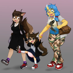 ahoge ankh ankh_necklace anthro black_clothing black_dress black_hoodie black_topwear blue_bottomwear blue_clothing blue_ear_tips blue_hair blue_horn blue_skirt bottomwear brown_bag brown_ears brown_eyes brown_fingers brown_hair camo camo_bottomwear camo_clothing camo_pants camo_print clothed clothing collar collar_tag converse_shoes dark_skirt diaper dipstick_ears dress ear_markings eyewear female floppy_ears footwear fur glasses green_eyes grey_bag grey_clothing grey_shirt grey_topwear group hair hand_holding holidays hoodie horn inner_ear_fluff jewelry markings multicolored_body multicolored_ears multicolored_fur multicolored_horn multicolored_tail necklace oversized_clothing oversized_hoodie oversized_topwear pants pattern_bottomwear pattern_clothing pattern_pants pawpads pink_diaper pink_nose pink_pawpads purple_clothing purple_collar purple_footwear purple_socks rectangular_glasses red_clothing red_converse_shoes red_footwear red_hairband red_shoes round_glasses sharp_teeth shirt shoes side_tail skirt socks tail tan_underbelly teeth topwear trio tuft ukiyo-e wearing_diaper white_clothing white_footwear white_shirt white_socks white_topwear yellow_body yellow_fur yellow_horn young young_humanoid mentalcrash mother's_day nike bloom_(bubblepuppers) bubblegum_(bubblepuppers) mentalcrash_(character) wob_(character) animal_humanoid canid canine canis cat_humanoid coyote domestic_dog felid felid_humanoid feline feline_humanoid humanoid mammal mammal_humanoid 1:1 hi_res