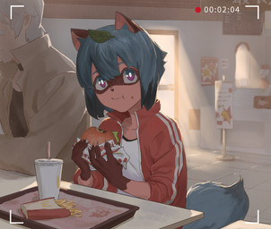 anthro beverage black_nose blue_body blue_eyes blue_hair brown_body brown_fur burger camera_view clothed clothing collar duo eating female fluffy fluffy_tail food fries fully_clothed fur hair holding_food holding_object inside jacket kemono looking_at_viewer male pink_eyes sitting tail tanuki_leaf topwear coneuke brand_new_animal studio_trigger michiru_kagemori shirou_ogami canid canine human mammal raccoon_dog tanuki 2020 absurd_res hi_res
