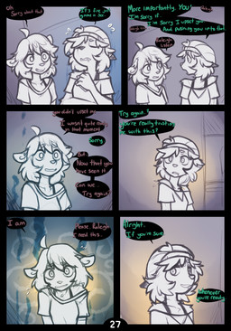 ahoge anthro apology biped bodily_fluids bottomwear breasts clothed clothed_anthro clothed_female clothing conjoined_speech_bubble dialogue duo eye_contact facial_piercing female fingers flying_sweatdrops fully_clothed fully_clothed_anthro fully_clothed_female hair hat headgear headwear inside linked_speech_bubble lip_piercing looking_at_another name_in_dialogue piercing shirt speech_bubble standing sweat sweatdrop talking_to_another text topwear mewgle lucy_(mewgle) raleigh_(mewgle) deer gulonine mammal marten mustelid musteline 2025 comic digital_drawing_(artwork) digital_media_(artwork) english_text hi_res