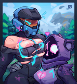anthro areola areola_slip armor big_breasts blue_helmet bodysuit breasts clothing duo empty_eyes eye_scar facial_scar female front_view fur gauntlets gloves grey_bodysuit grey_clothing grey_skinsuit handwear headgear heart_symbol helmet navel_outline obscured_face pink_areola pink_nose purple_body purple_fur purple_hood scar skinsuit tan_body tan_skin thick_thighs tight_clothing torn_bodysuit white_eyes wide_hips pulseblock epic_games fortnite halo_(series) microsoft xbox_game_studios raven_team_leader bear human mammal spartan_(halo) hi_res