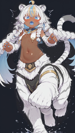 5_fingers accessory ahoge animal_arms animal_ears bare_shoulders black_background blue_eyes blue_nails blue_tongue blush braided_pigtails breast_curtains clothed clothed_female clothed_taur clothing colored_nails cute_fangs dark_body dark_skin dewclaw egyptian egyptian_clothing fangs female fingers flat_chested fur hair inner_ear_fluff markings nails navel open_mouth quadruped simple_background solo striped_body striped_markings striped_tail stripes tail tail_markings taur_clothing teeth tongue topless topless_female tuft usekh white_body white_fur white_hair young a.white felid felid_taur feline feline_taur humanoid_taur mammal mammal_taur taur absurd_res hi_res