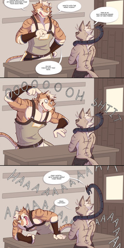 ambiguous_gender anthro asking asking_another asking_what countershading dialogue feral group humor joke laugh male muscular pun question size_difference species_in_dialogue speech_bubble talking_to_another text trio vocalization shirokoi temptations_ballad_(visual_novel) clyde_(temptations_ballad) cole_(temptations_ballad) malus_(temptations_ballad) felid hyena mammal pantherine reptile scalie snake striped_hyena tiger absurd_res english_text hi_res
