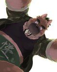 anthro asian_clothing brown_body brown_fur clothing dog_tags east_asian_clothing eyebrows fur japanese_clothing looking_at_viewer looming looming_over male mawashi musclegut muscular scar shirt solo t-shirt text thick_eyebrows topwear inutora08 lifewonders tokyo_afterschool_summoners yasuyori_(tas) canid canine canis domestic_dog mammal hi_res japanese_text