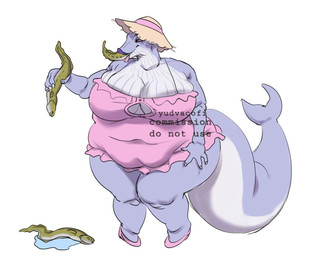 anthro belly big_breasts breasts clothed clothing dress eating female female_pred footwear hat headgear headwear huge_breasts multicolored_body one-piece_swimsuit overweight overweight_anthro overweight_female shoes simple_background solo sun_hat swimwear two_tone_body vore white_background yudvacof aquatic cetacean fish mammal whale