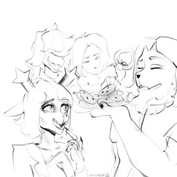 2_horns 5_fingers age_difference anthro antlers beard bent_arm big_breasts big_eyes blazer breasts chest_tuft claws cleavage clothed clothed_anthro clothed_female clothed_human clothed_male clothing cookie ears_aside eyebrow_through_hair eyebrows eyelashes eyeless eyes_closed facial_hair fangs female female_anthro finger_claws fingernails fingers food fur fur_tuft group hair hair_over_eyes holding_object holding_plate horn iris jacket larger_anthro larger_female larger_human larger_male leaning leaning_sideways lips long_eyelashes looking_at_another male male_anthro male_human male_humanoid mature_anthro mature_female mature_male medium_hair messy_hair monotone_background mouthless nails older_anthro older_female older_male open_mouth open_smile pattern_clothing pattern_sweater pattern_topwear plate pupils raised_eyebrow shirt short_hair simple_background size_difference smaller_humanoid smaller_male smile snout striped_clothing striped_sweater striped_topwear stripes sweater teeth text thick_bottom_lip thick_eyebrows thick_eyelashes tongue tongue_out topwear translucent translucent_hair tuft white_background younger_human younger_male diavlaka deltarune undertale_(series) asgore_dreemurr carol_holiday kris_dreemurr lancer_(deltarune) susie_(deltarune) boss_monster_(undertale) bovid caprine darkner deer goat human humanoid lizard mammal new_world_deer reindeer reptile scalie 1:1 2026 absurd_res artist_name black_and_white digital_drawing_(artwork) digital_media_(artwork) hi_res monochrome sketch