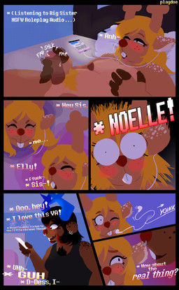 anthro antlers blush bodily_fluids breast_grab breasts breath chest_tuft clothing dialogue duo ear_piercing electronics facial_piercing fap_(sound_effect) female female/female genital_fluids genitals gynomorph hand_on_breast headphones highlights_(coloring) horn imminent_orgasm intersex markings masturbation musk nose_piercing penis phone piercing precum profanity pubes red_nose septum_piercing shirt spots spotted_markings startled tank_top text topwear tuft playdoe deltarune undertale_(series) dess_holiday noelle_holiday deer mammal new_world_deer reindeer absurd_res comic english_text hi_res incest_(lore) sibling_(lore) sister_(lore) sisters_(lore) trans_(lore) trans_woman_(lore)