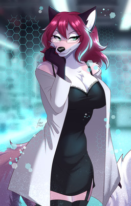accessory anthro breasts claws cleavage clothed clothing coat countershading eyewear female fluffy fluffy_tail fur garter glasses green_eyes hair hexagon hologram lab_coat laboratory lace legwear nightgown pantyhose pink_body pink_fur pink_hair short_hair small_waist solo tail thick_thighs topwear white_body white_fur fuvi yuri_(thebluevix) canid canine fox mammal absurd_res hi_res