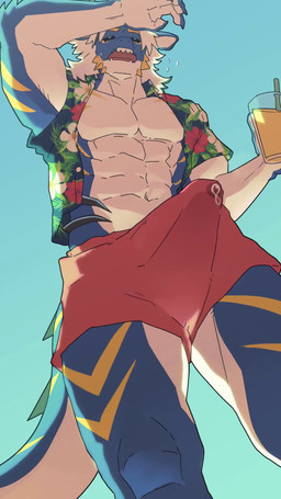 abs aloha_shirt anthro beverage biped black_sclera blue_background blue_body blue_eyes bodily_fluids bottomwear breath clothed clothing dripping erection erection_under_clothing genital_fluids holding_beverage holding_object horn low-angle_view male male_anthro markings multicolored_body muscular muscular_anthro muscular_male open_clothing open_mouth open_topwear panting pattern_clothing pattern_shirt pattern_topwear precum precum_drip precum_through_clothing scales shirt shorts simple_background solo tail tenting throbbing topwear two_tone_body wet wet_clothing white_body yellow_markings fox_banchan mythology ausen dragon mythological_creature mythological_scalie scalie 2d_animation 9:16 animated frame_by_frame hi_res no_sound short_playtime video