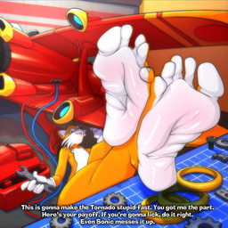 5_toes accessory aircraft airplane anthro barefoot big_feet blue_eyes bribe chest_tuft clothing crossed_ankles crossed_feet crossed_legs desk detailed_background dialogue feet feet_on_desk feet_up fixing foot_fetish foot_focus foot_on_table fur furniture glistening glistening_feet gloves half-closed_eyes handwear holding_object holding_tool holding_wrench humanoid_feet legs_up looking_at_viewer lying male multi_tail multicolored_body narrowed_eyes on_back plantigrade smile soles solo spread_toes table tail tail_under_leg text thick_thighs toes tools tuft two_tone_feet vehicle white_clothing white_gloves white_handwear white_soles workshop wrench wrinkled_feet wrinkles yellow_body yellow_fur joe_erogenous sega sonic_adventure sonic_the_hedgehog_(series) miles_prower canid canine fox mammal 1:1 english_text hi_res