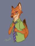 anthro clothed clothing countershading fur green_eyes grey_background inner_ear_fluff looking_aside looking_at_viewer male necktie orange_body orange_fur raised_tail shirt simple_background smile solo tail topwear tuft akazai disney zootopia nick_wilde canid canine fox mammal red_fox true_fox digital_media_(artwork) hi_res