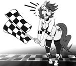 anthro bar_emanata bra breasts camel_toe checkered checkered_flag cleavage clothed clothing cutie_mark emanata female flag flag_(object) holding_flag holding_object hooves legwear one_eye_closed open_mouth pan race_queen solo underwear unguligrade wink replica_(artist) hasbro my_little_pony fan_character nobody_(oc) equid equine horse mammal pony absurd_res hi_res monochrome