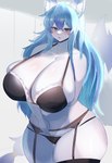 anthro big_breasts big_butt black_bra black_clothing black_panties black_underwear blue_eyes blue_hair blush bodily_fluids bra breast_squish breasts butt clothing curvy_figure female fluffy fluffy_tail frilly frilly_clothing frilly_underwear fur glistening hair huge_breasts ill_fitting_clothing kemono legwear lingerie long_hair midriff navel panties shy solo squish stockings sweat sweatdrop tail thick_thighs tight_clothing underwear voluptuous white_body white_fur wide_hips kakuteki11029 lily_mari canid canine fox mammal 2022 absurd_res hi_res portrait three-quarter_portrait