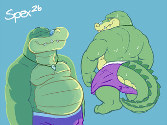 anthro belly big_belly blue_background bottomwear clothing green_body male moobs overweight overweight_male shorts simple_background solo swimwear wet spectral-bat brok_the_investigator cowcat_games brok_(brok_the_investigator) alligator alligatorid crocodilian reptile scalie 2026 hi_res