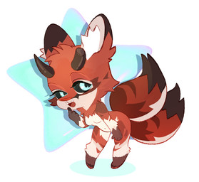 2_tails anthro black_ear_tips black_horn black_sclera black_tail_tip blue_background blue_eyes breasts chibi dipstick_ears dipstick_tail ear_markings female fur horn markings multi_tail multicolored_ears pattern_background red_body red_fur red_nose red_tail simple_background solo star-shaped_background star_polygon tail tail_markings white_background white_body white_breasts white_fur white_inner_ear white_tail unknown_artist yareli_(snek_prime20) alien canid canine fox mammal hi_res female_(lore)