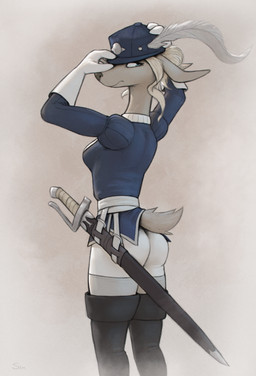 anthro biped blue_clothing blue_eyes blue_hat blue_headwear bottomwear breasts brown_body brown_fur brown_tail butt clothed clothed_anthro clothed_female clothing female fingers footwear fully_clothed fully_clothed_anthro fully_clothed_female fur gloves hair handwear hat headgear headwear looking_at_viewer looking_back looking_back_at_viewer melee_weapon rear_view shoes simple_background solo standing sword tail topwear weapon white_clothing white_gloves white_hair white_handwear s1m tinderkell iplyn_delaford deer mammal 2025 digital_drawing_(artwork) digital_media_(artwork) hi_res