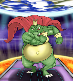 3_toes 4_fingers anthro belly biceps big_belly biped bloodshot_eyes bottomless bracelet cape cape_only claws clothed clothing cloud crown detailed_background earth fangs featureless_crotch feet finger_claws fingers front_view gold_(metal) gold_bracelet gold_jewelry green_body green_scales headgear jewelry king looking_at_viewer male mostly_nude musclegut muscular muscular_anthro muscular_male navel outie_navel outside overweight overweight_anthro overweight_male pecs planet plantigrade quads royalty scales shadow snout solo space standing sun teeth thick_thighs toe_claws toes topless white_claws kasurahikari donkey_kong_(series) nintendo super_smash_bros. super_smash_bros._ultimate king_k._rool crocodile crocodilian kremling reptile scalie 2019 digital_media_(artwork) full-length_portrait portrait shaded