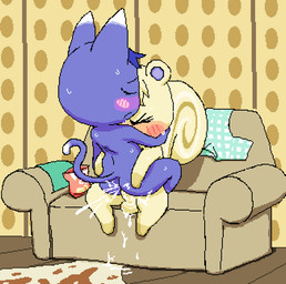 anthro balls blue_body blue_fur blush bodily_fluids butt cum cum_inside duo erection eyes_closed female fur furniture genital_fluids genitals head_tuft male male/female nude penetration penis sex sitting sofa sofa_sex sweat tan_body tan_fur tuft grorby animal_crossing nintendo marshal_(animal_crossing) rosie_(animal_crossing) domestic_cat felid feline felis mammal rodent sciurid tree_squirrel