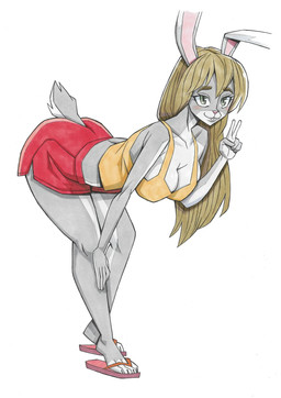 anthro bent_over bottomwear breasts clothing female flip_flops floppy_ears footwear gesture hair hand_gesture looking_at_viewer sandals shirt shoes shorts solo tank_top topwear v_sign oluttzada lagomorph leporid mammal rabbit hi_res