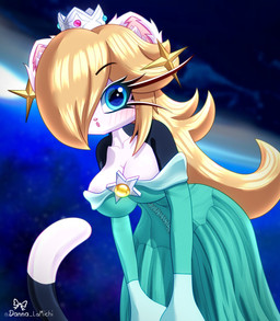 anthro big_breasts blonde_hair blue_eyes blush breasts clothing cosmic_background cosplay crown dress eyelashes female hair headgear leaning leaning_forward princess royalty solo space space_background danna_lamichi mario_bros nintendo super_mario_galaxy rosalina_(mario) domestic_cat felid feline felis mammal tuxedo_cat hi_res