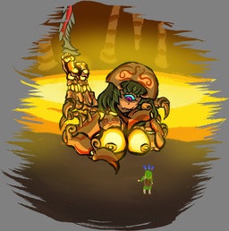 areola big_breasts blue_sclera breasts duo eyelashes feet female green_hair hair larger_female lava lying macro male nipples on_front partially_submerged pupils purple_eyes size_difference slit_pupils tan_body yellow_areola yellow_body yellow_nipples dukeofnowhere nintendo the_legend_of_zelda wind_waker gohma link animal_humanoid arthropod arthropod_humanoid cyclops humanoid hylian insect insect_humanoid absurd_res hi_res