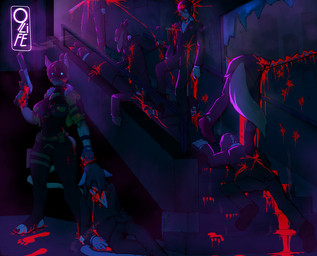 ambiguous_gender anthro death feet female footprint gore gun handgun humanoid_feet male massacre neon_lights neon_sign pistol plantigrade ranged_weapon shadow_face sign solo weapon simpleesteban wilma_j._sutherland_(floofreborn) animal_humanoid felid feline human humanoid mammal hi_res